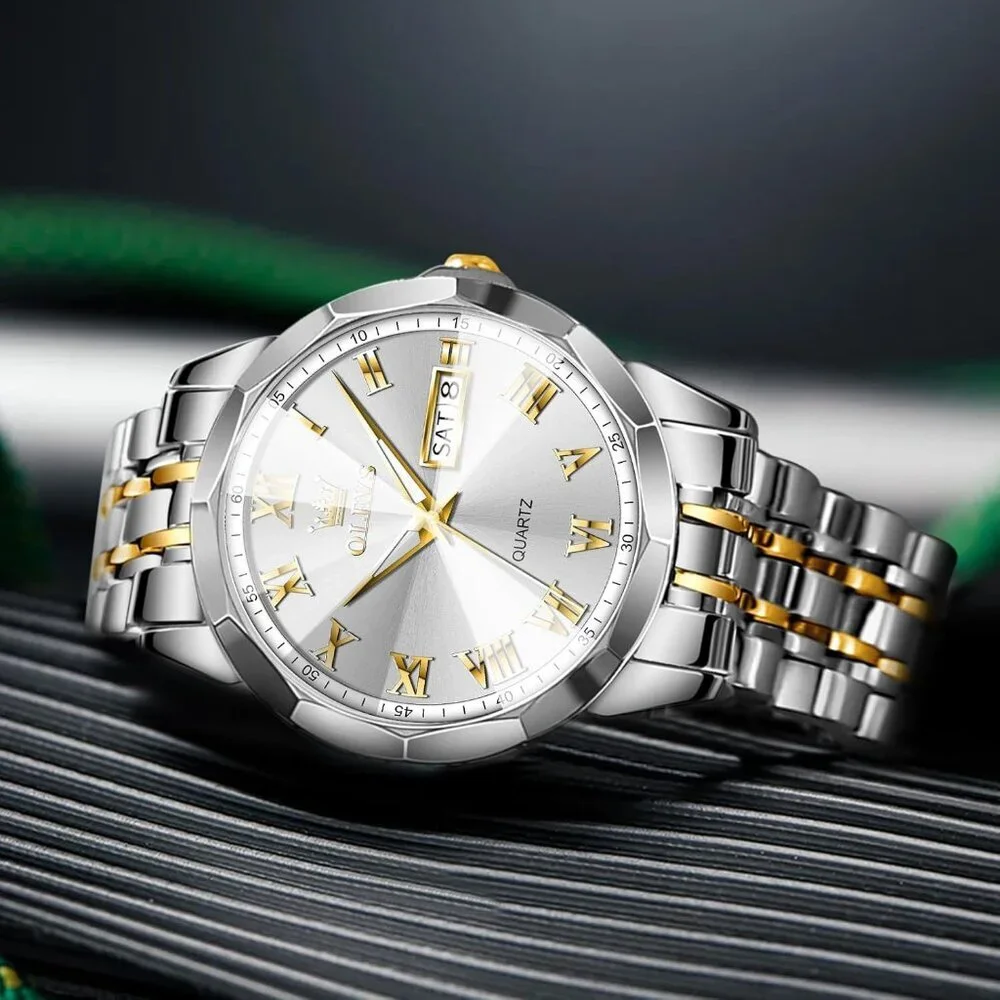 Olevs Men's Silver Gold- White Steel Stain Waterproof Stain Luminous Wrist Watch